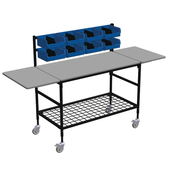 Lg Mobile Table w/Drp Lves, 2 Row Bin Rack, 8 Bins, Mid & Btm Grid Shlf