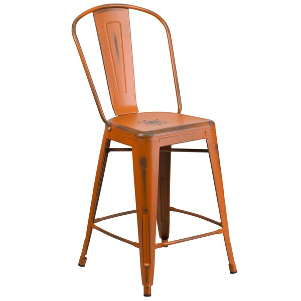 Distressed Orange Metal Stool, Material: Rubber