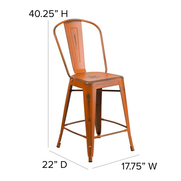 Distressed Orange Metal Stool, Material: Rubber