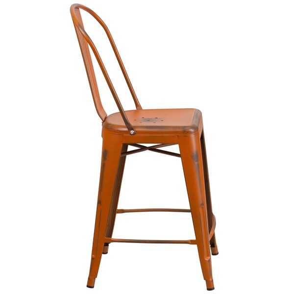 Distressed Orange Metal Stool, Material: Rubber