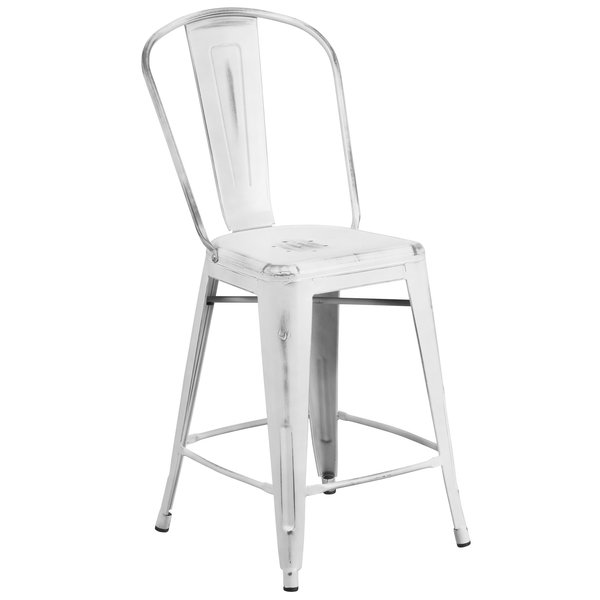 Distressed White Metal Stool