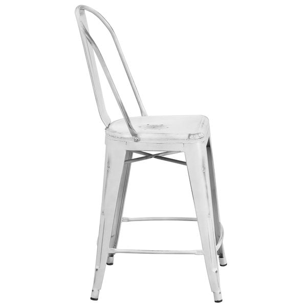 Distressed White Metal Stool