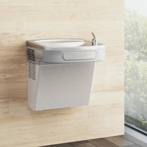 Single Drinking Fountain, On-Wall, Non-Filtered, Refrigerated, Front Pushbar, 19-7/8 in H, Gray