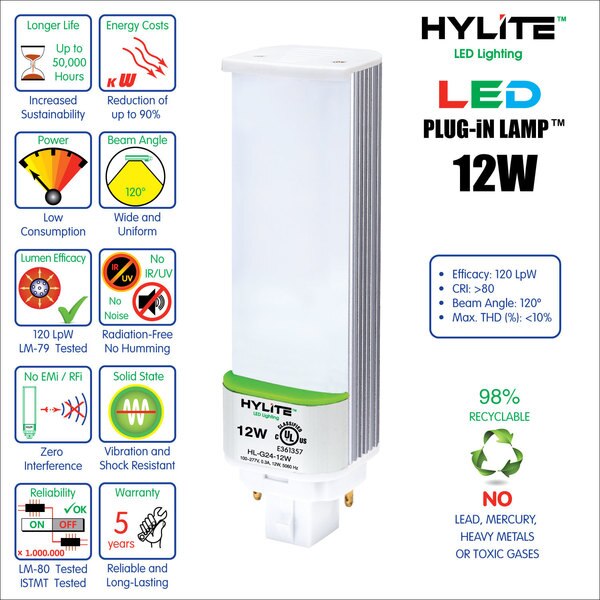 LED Repl Lamp for 32W/42W PL CFL, 12W, 1360 Lumens, 5000K, 10-Pack