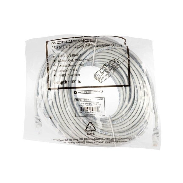 Ethernet Cable, Cat 5e, Gray, 100 ft.