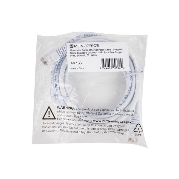 Ethernet Cable, Cat 5e, White, 7 ft.