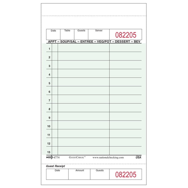 Guest Check Cardboard 1Pt, 13 Line, PK2500