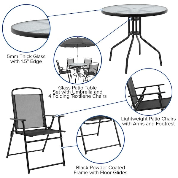 Round Patio Table Set And Umbrella, 6 pcs. , 31-1/4