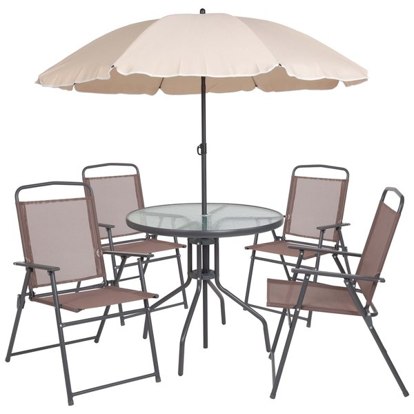 Patio Set & Umbrella, 6 Piece, Brown