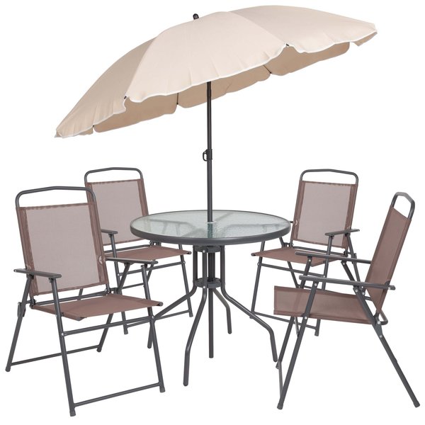 Patio Set & Umbrella, 6 Piece, Brown