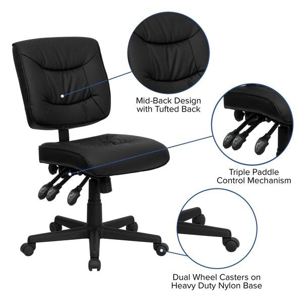 Leather Task Chair, 22 1/4-, No Arm, Back, Seat, Frame: Black