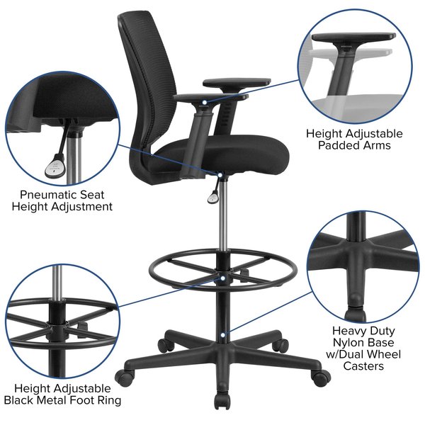 Mesh 32 1/2-, Adjustable Padded, Back, Seat, Frame: Black