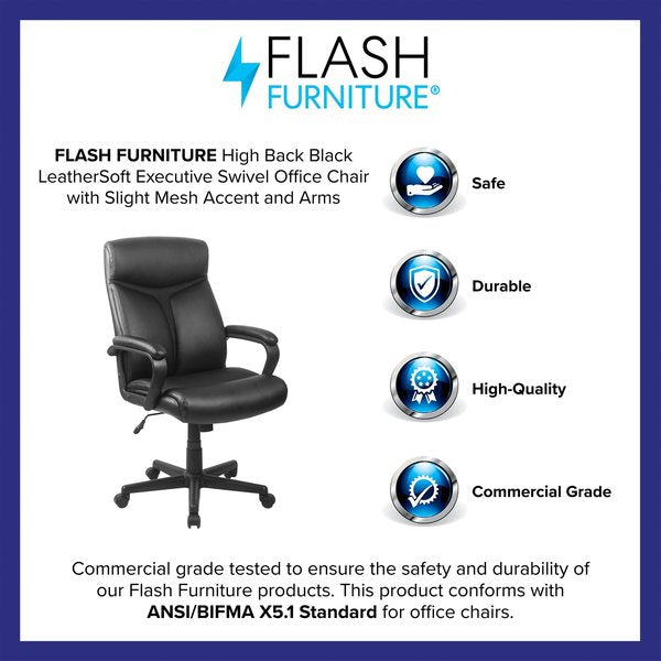 Leather Executive Chair, 22-, Padded, Back, Seat, Frame: Black
