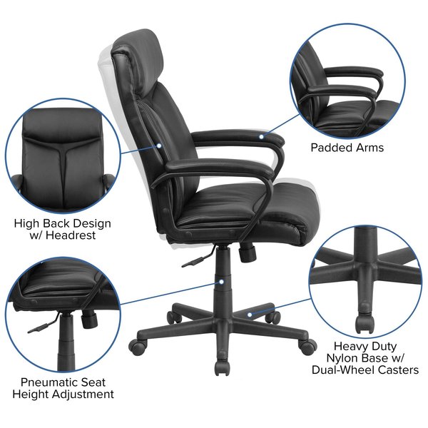 Leather Executive Chair, 22-, Padded, Back, Seat, Frame: Black
