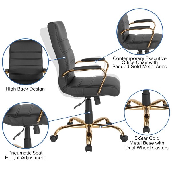 Black Leather Gold Frame High Back Chair