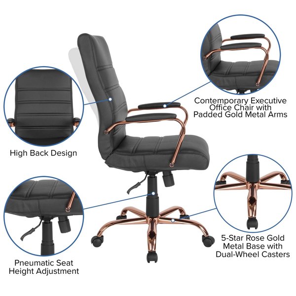 Black Leather Rose Gold Frame High Back Chair