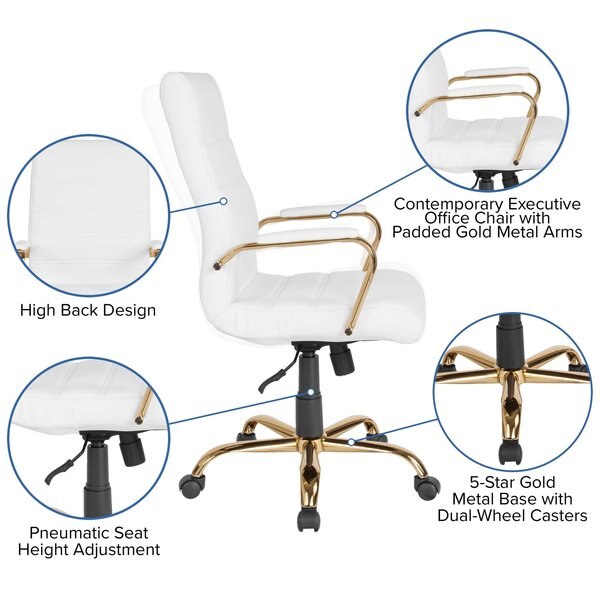 White Leather Gold Frame High Back Chair