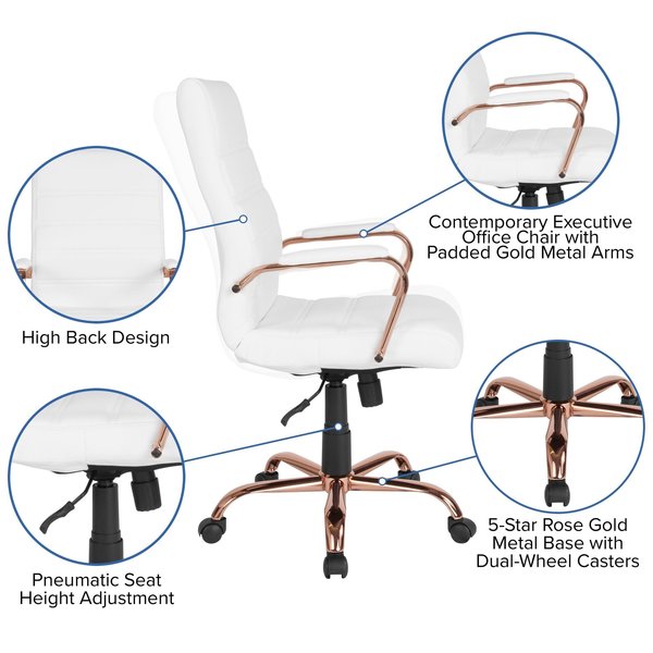 White Leather Rose Gold Frame High Back Chair