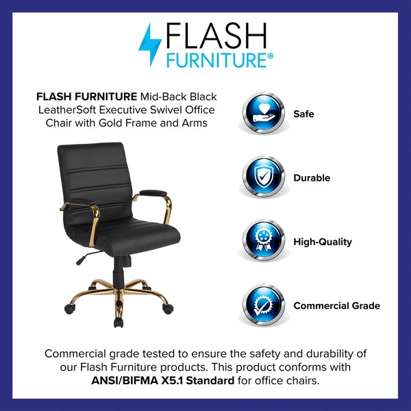 Black Leather Gold Frame Mid-Back Chair