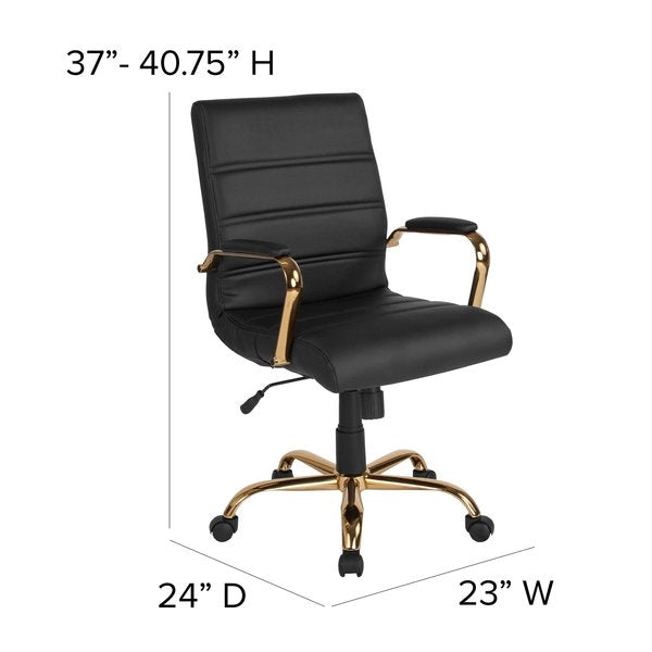 Black Leather Gold Frame Mid-Back Chair