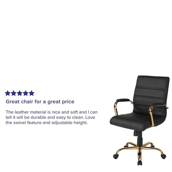 Black Leather Gold Frame Mid-Back Chair
