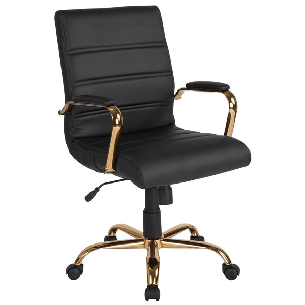 Black Leather Gold Frame Mid-Back Chair