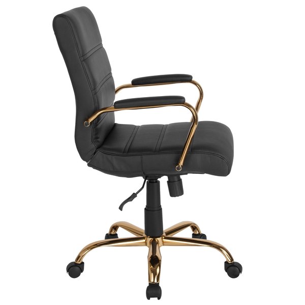 Black Leather Gold Frame Mid-Back Chair