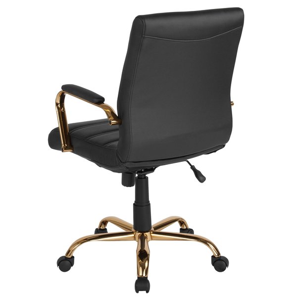 Black Leather Gold Frame Mid-Back Chair