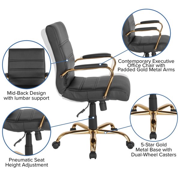 Black Leather Gold Frame Mid-Back Chair