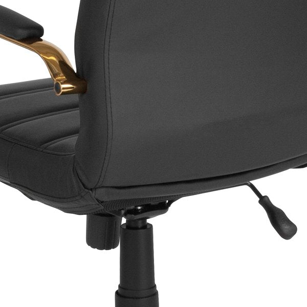 Black Leather Gold Frame Mid-Back Chair