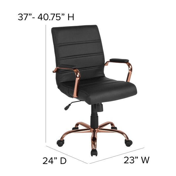 Black Leather Rose Gold Frame Mid-Back Chair
