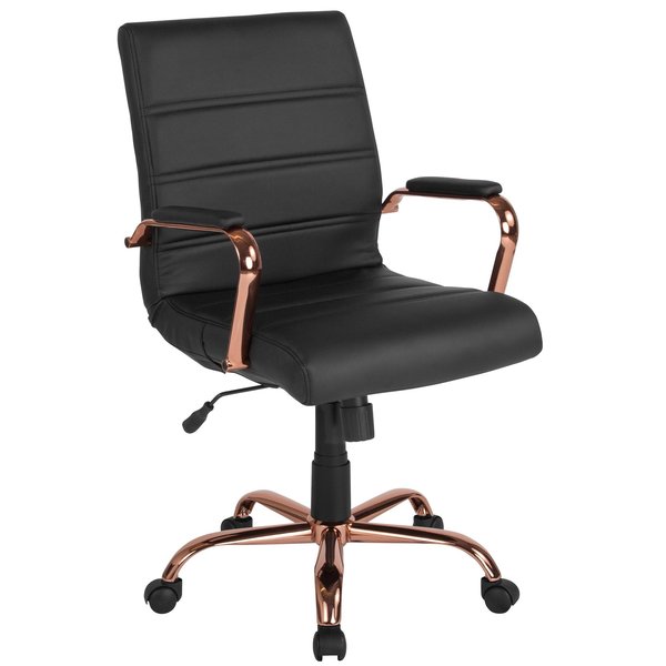 Black Leather Rose Gold Frame Mid-Back Chair