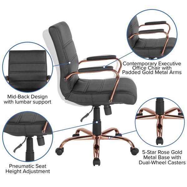 Black Leather Rose Gold Frame Mid-Back Chair
