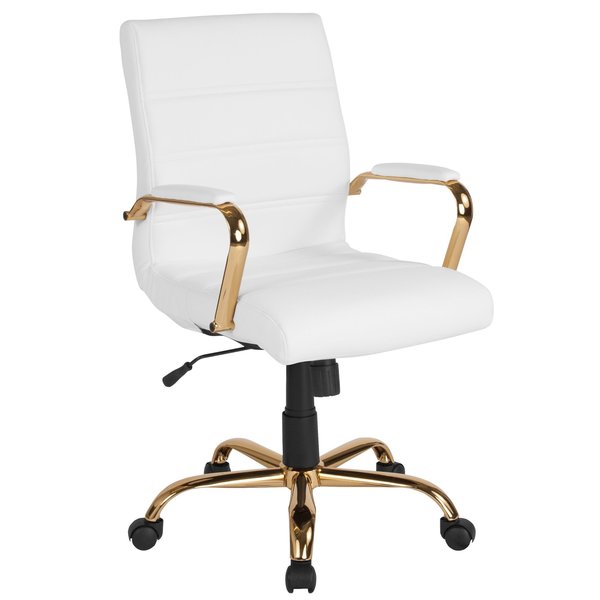 Mid-Back White Leather Swivel Office Chair with Gold Frame and Arms