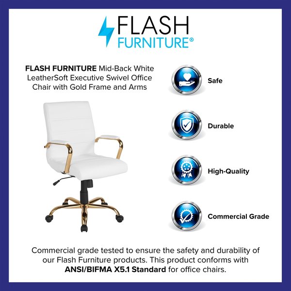 Mid-Back White Leather Swivel Office Chair with Gold Frame and Arms