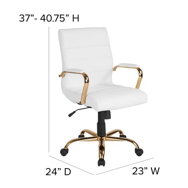 Mid-Back White Leather Swivel Office Chair with Gold Frame and Arms
