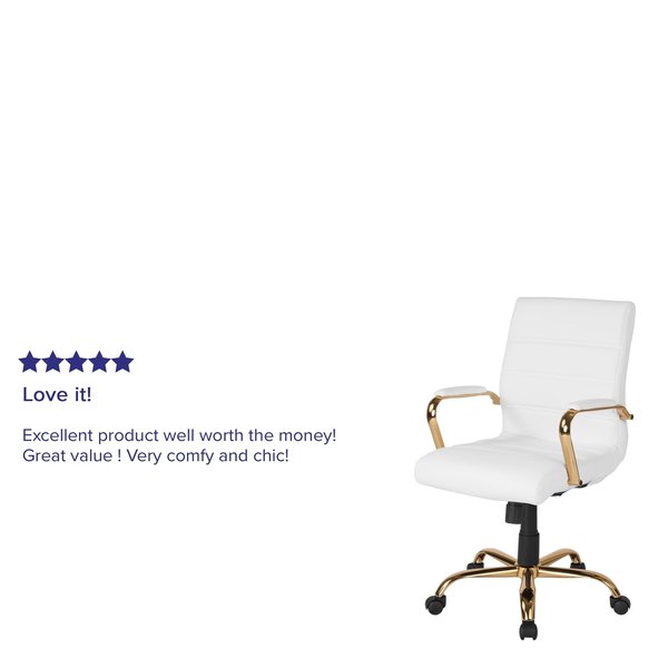 Mid-Back White Leather Swivel Office Chair with Gold Frame and Arms