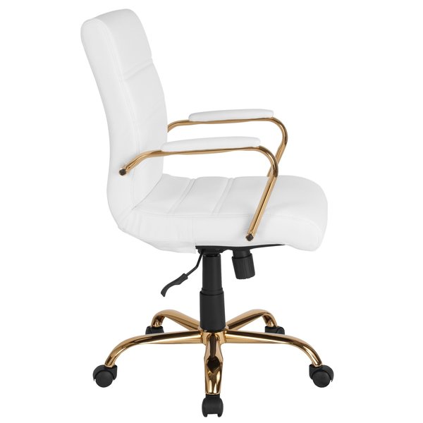 Mid-Back White Leather Swivel Office Chair with Gold Frame and Arms