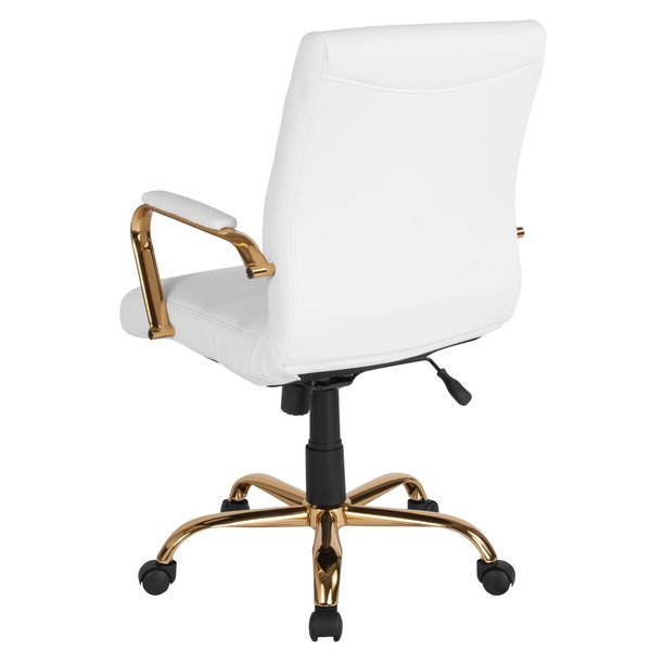 Mid-Back White Leather Swivel Office Chair with Gold Frame and Arms