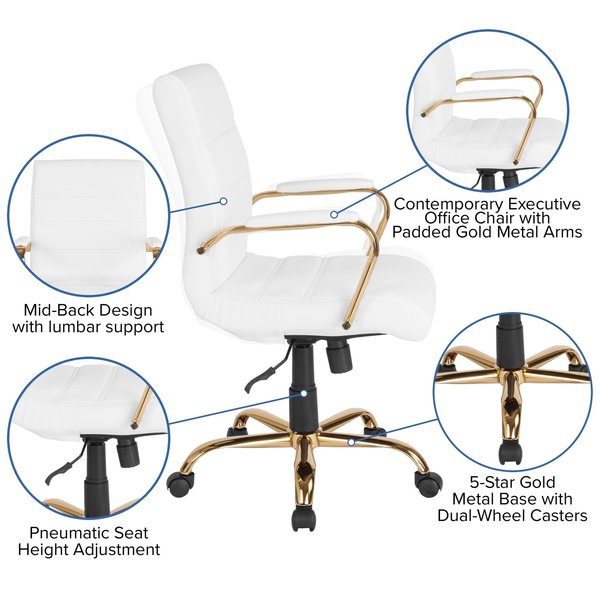 Mid-Back White Leather Swivel Office Chair with Gold Frame and Arms