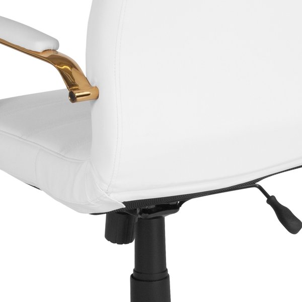 Mid-Back White Leather Swivel Office Chair with Gold Frame and Arms