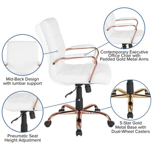 White Leather Rose Gold Frame Mid-Back Chair