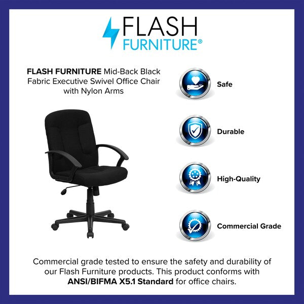 Executive Chair, Fabric, 21 1/4-Height, Fixed, Black