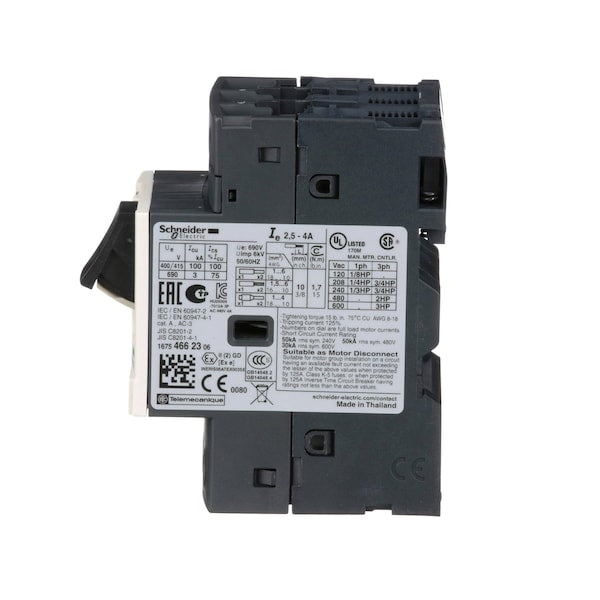 Manual Motor Starter, Button, 2.5-4A, 1P