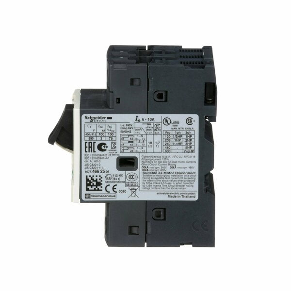Manual Motor Starter, Button, 6-10A, 1P