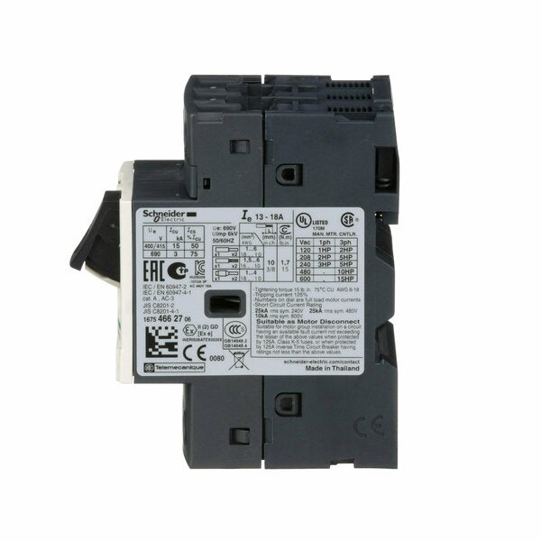 Manual Motor Starter, Button, 13-18A, 1P