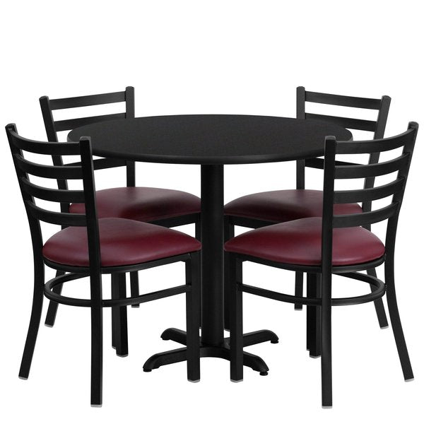 Round Blk Lam Table, Brgundy Vinyl Seat, Rnd, 36