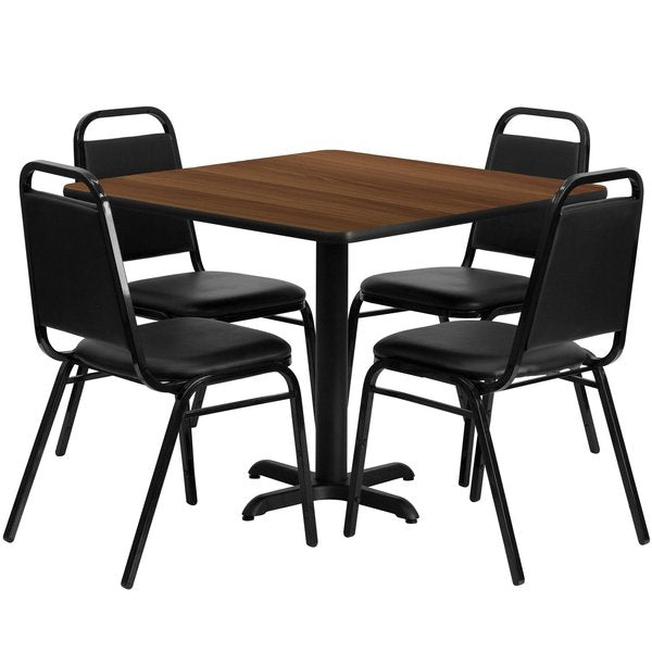 Square Walnut Table, Bnqut Chair, Sqr, X-Base, 36