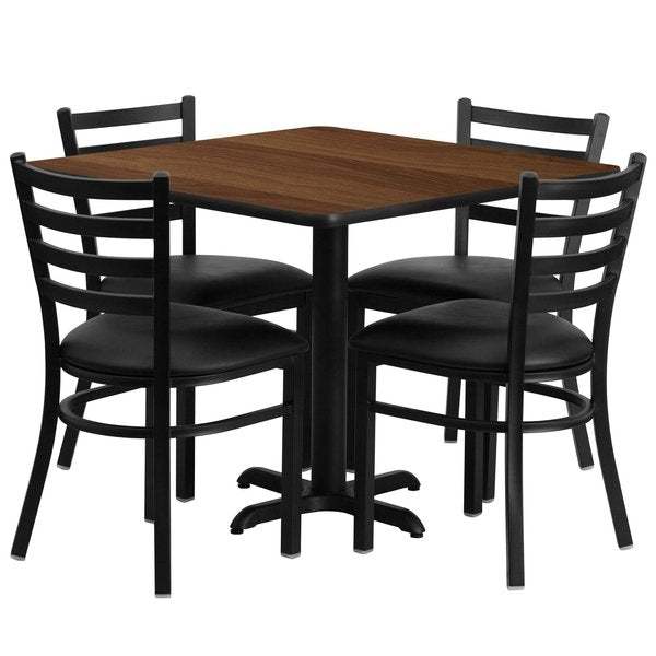Square Walnut Table, Blk Seat, Square, X-Base, 36