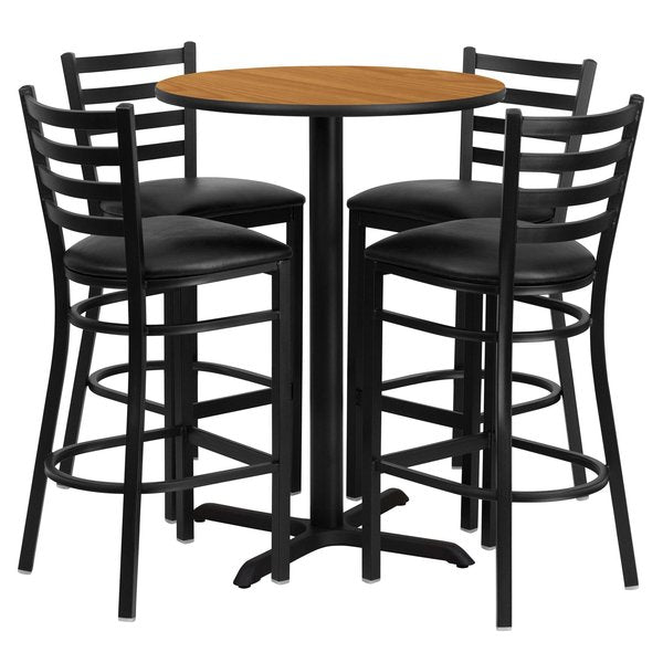Natural Bar Table, X-Base w/Black Seats, 30